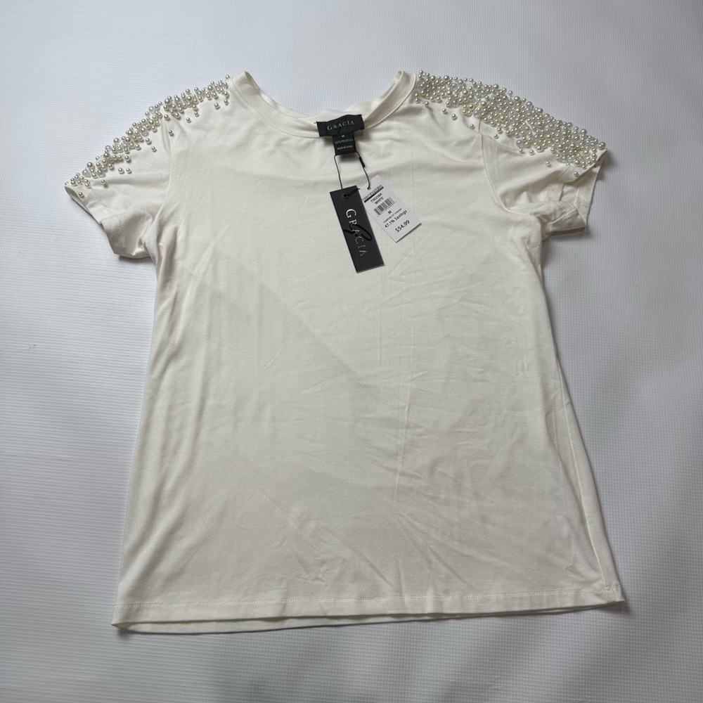 Gracia Ivory Embellished Short Sleeve Top